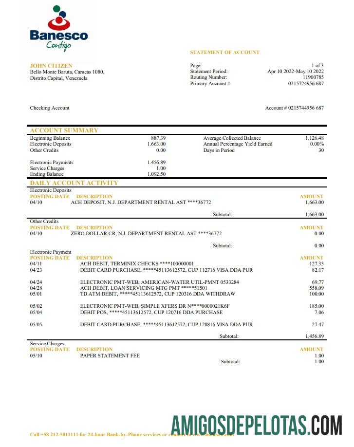 Venezuela Banesco modelo de extrato bancário